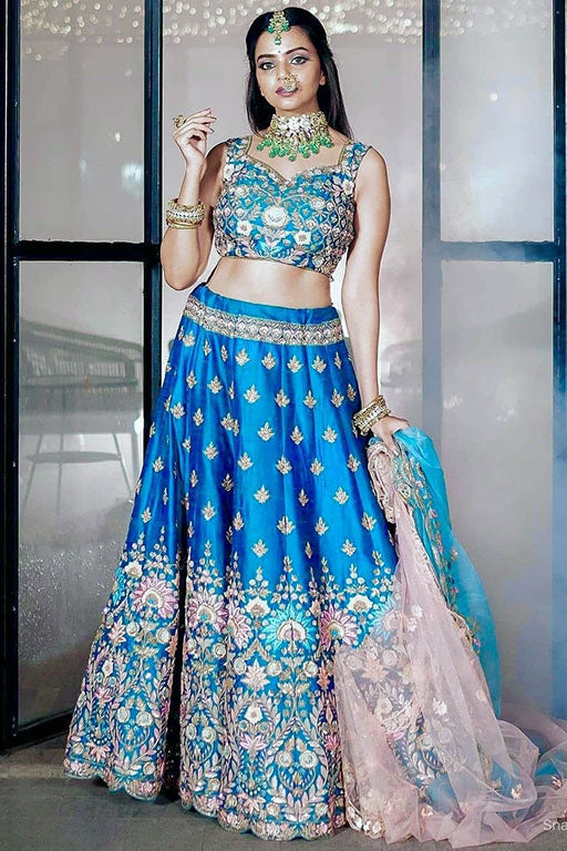 Blue Colour Malai Satin Silk Designer Lehenga Choli