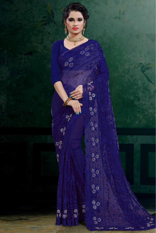 Blue Colour Net Embroidery Saree