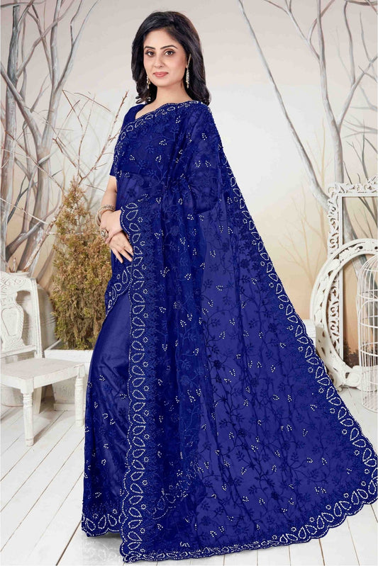 Blue Colour Net Embroidery Saree
