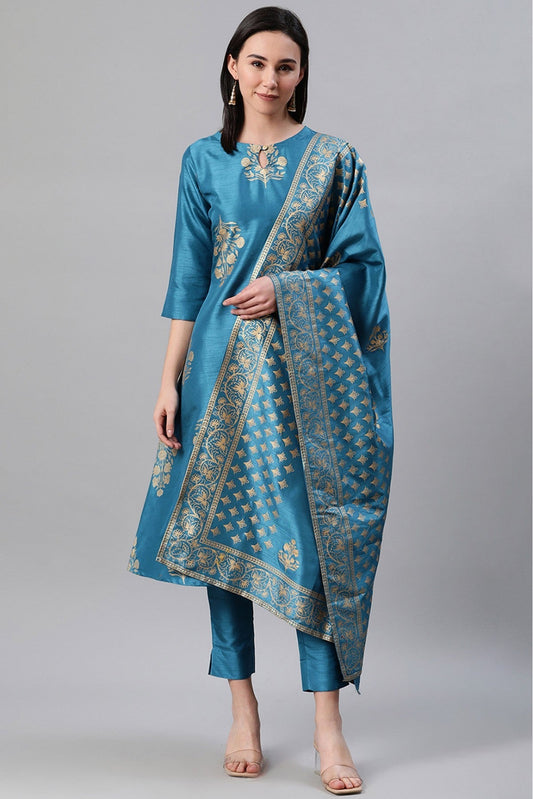 Blue Colour Plus Size Polyester Foil Print Kurti Pant And Dupatta Set