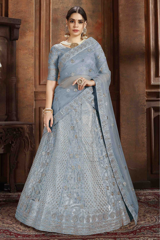 Blue Colour Soft Net Embroidery Lehenga Choli