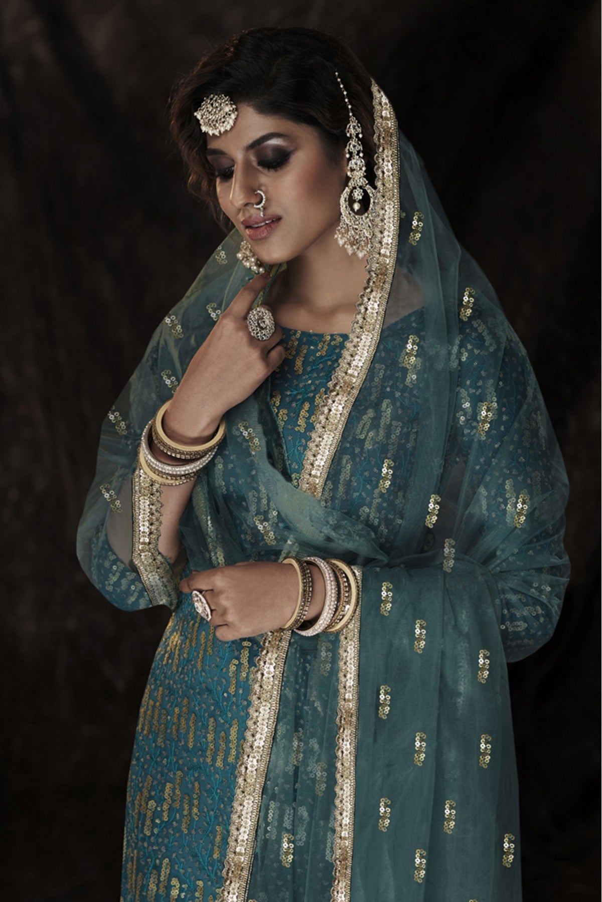 Blue Colour Soft Net Sequins Work Sharara Suit