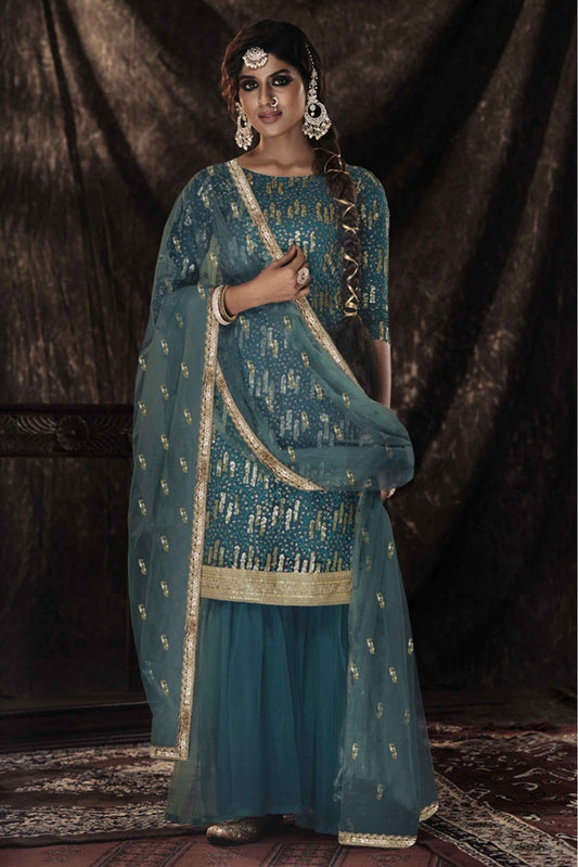 Blue Colour Soft Net Sequins Work Sharara Suit