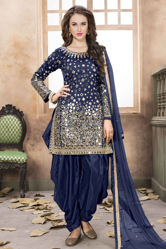 Blue Colour Taffeta Silk Embroidery Patiala Suit