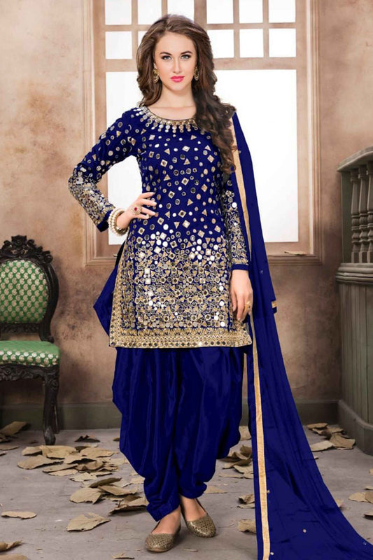 Blue Colour Taffeta Silk Embroidery Patiala Suit