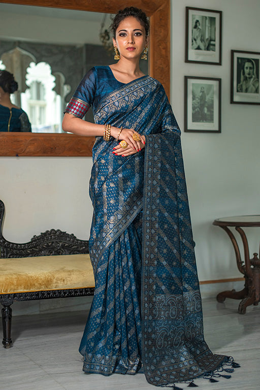 Blue Colour Tussar Silk Traditional Saree