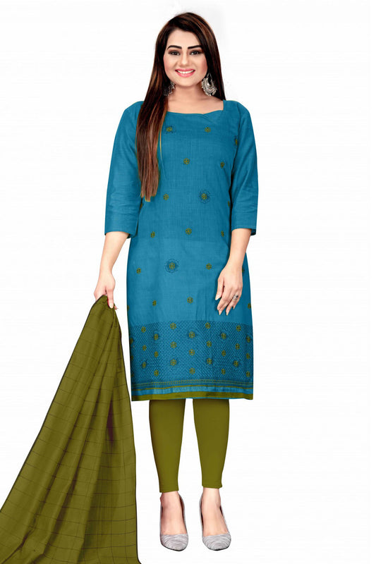 Blue Colour Unstitched Banarasi Cotton Thread Work Churidar Suit