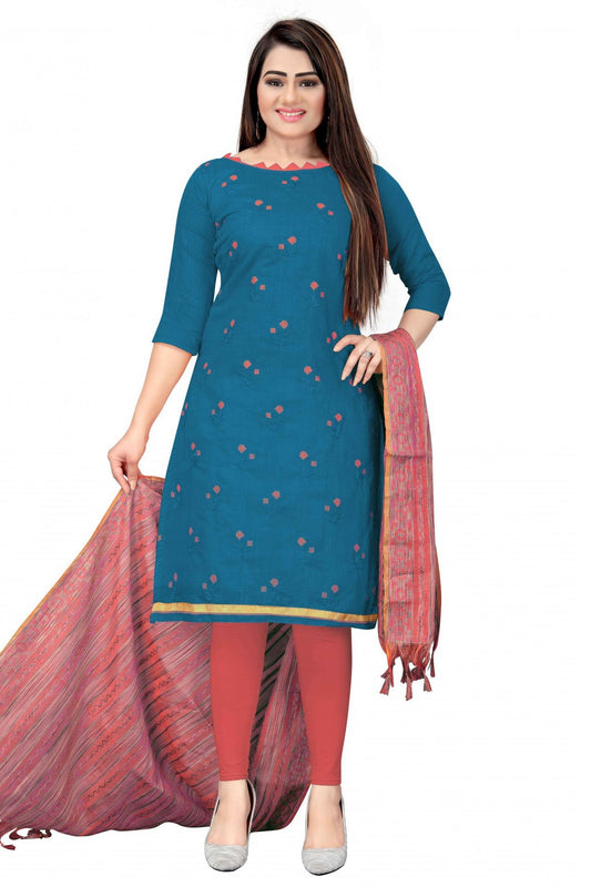 Blue Colour Unstitched Banarasi Cotton Thread Work Churidar Suit