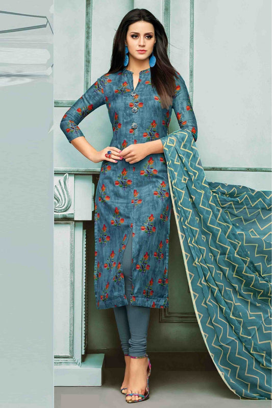 Blue Colour Unstitched Chanderi Cotton Printed Churidar Suit