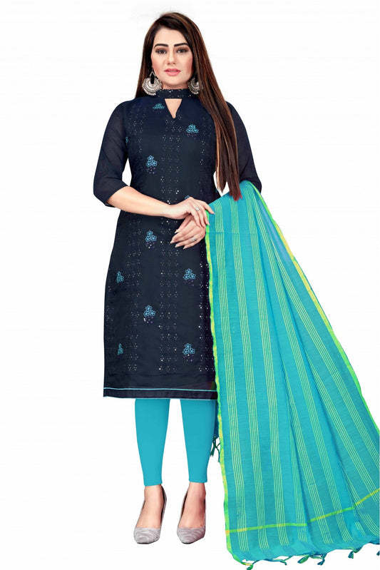 Blue Colour Unstitched Chanderi Cotton Thread Work Churidar Suit