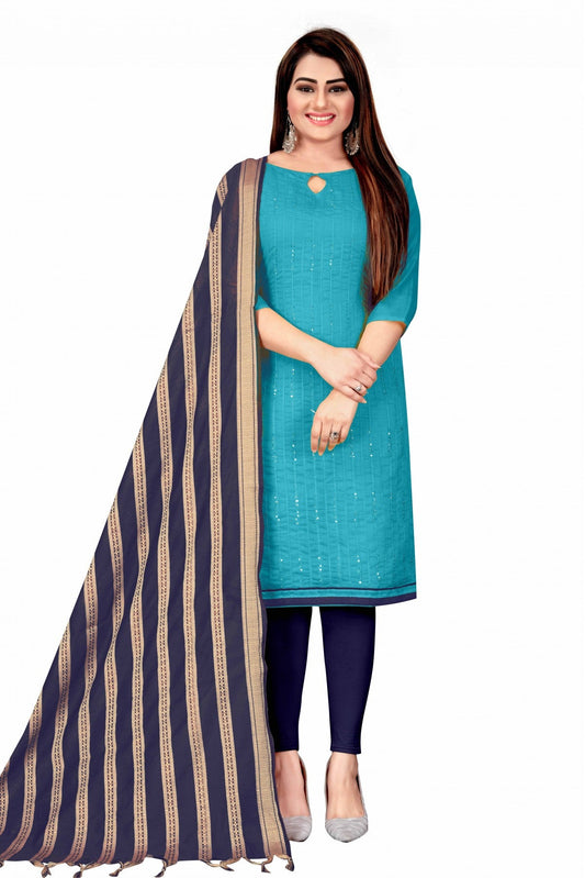 Blue Colour Unstitched Chanderi Thread Work Churidar Suit