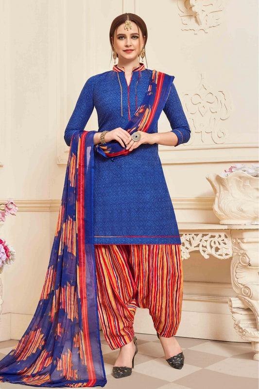 Blue Colour Unstitched Cotton Printed Patiala Suit