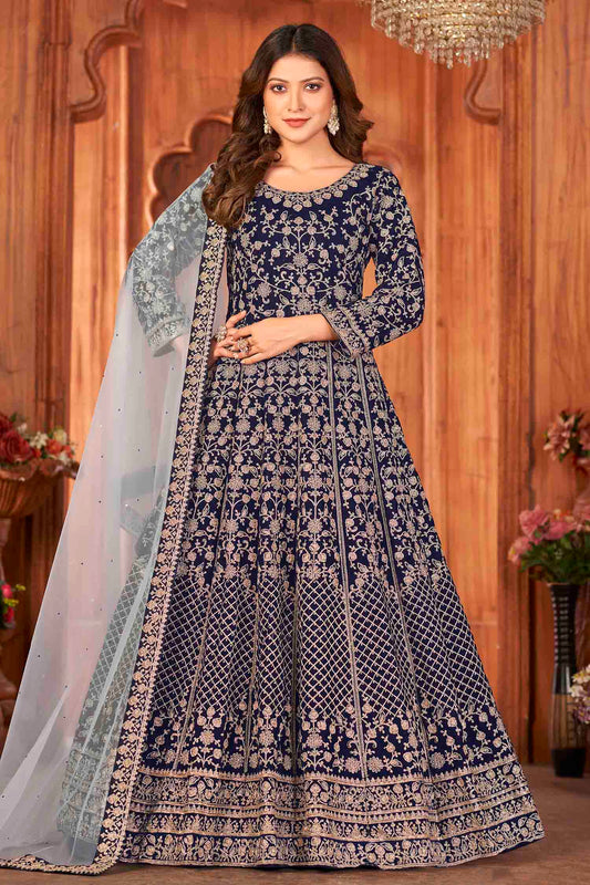 Blue Colour Velvet Semi Stitched Anarkali Suit