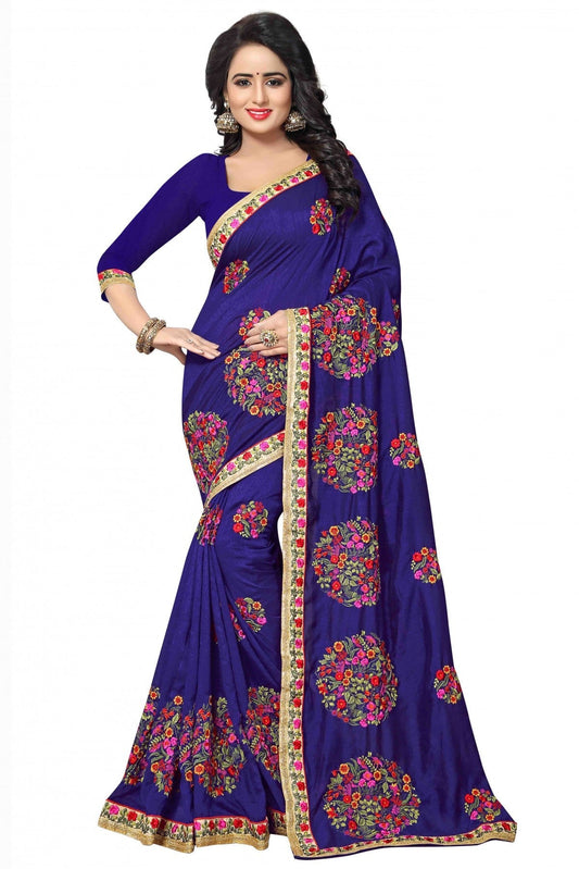 Blue Colour Vichitra Silk Embroidery Saree