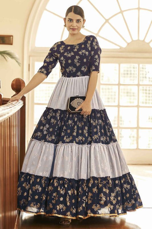 Blue and Grey Colour Georgette Foil Print Gown