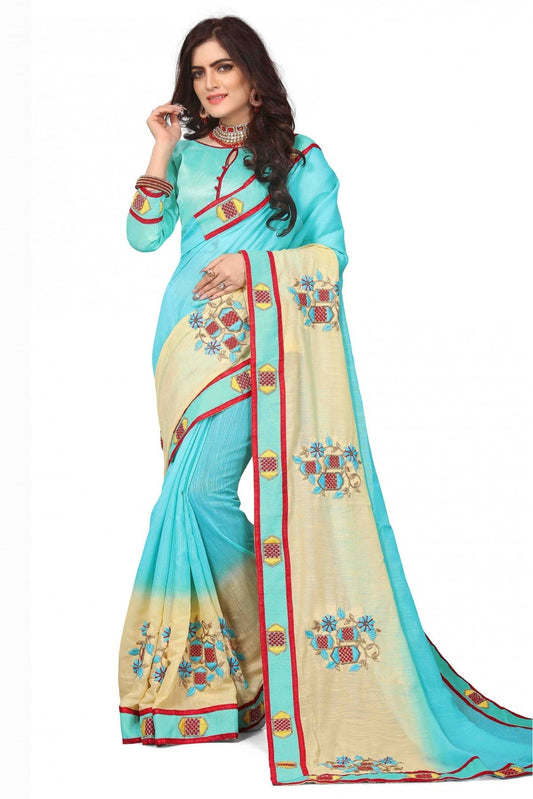 Blue and Yellow Colour Art Silk Embroidery Saree