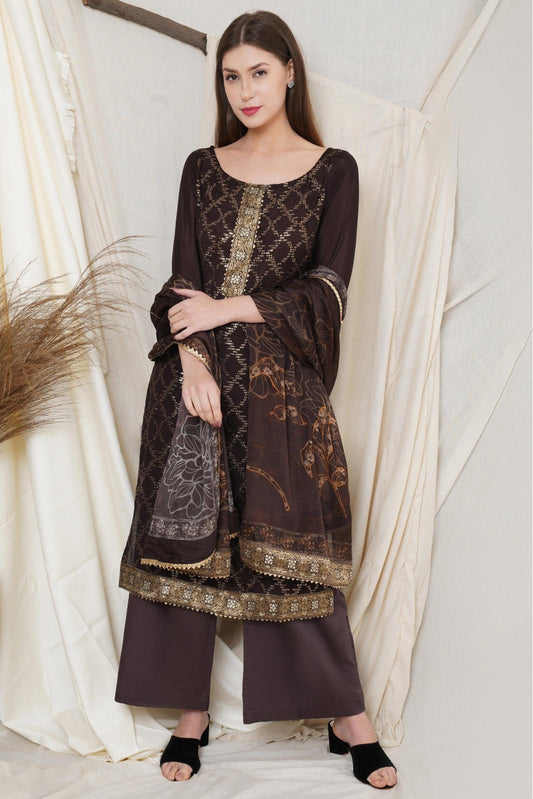Brown Colour Chiffon Embroidery Palazzo Pant Suit
