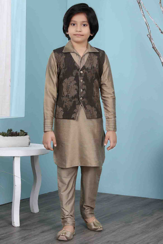 Brown Colour Cotton Silk Kurta Pajama With Jacket