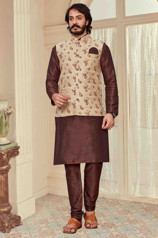 Brown Colour Kurta Pajama With Jacket In Art Silk