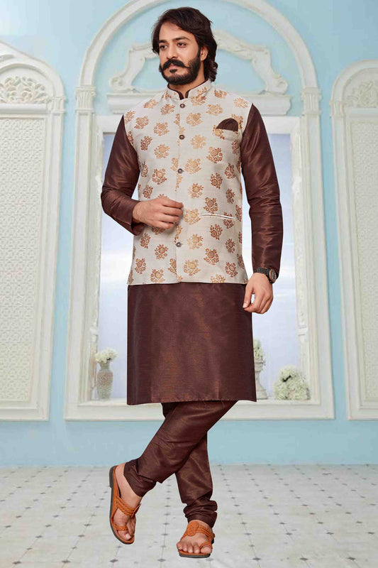 Brown Colour Kurta Pajama With Jacket In Art Silk