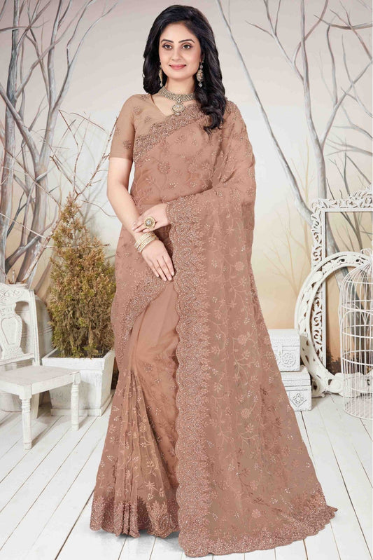 Brown Colour Net Embroidery Saree