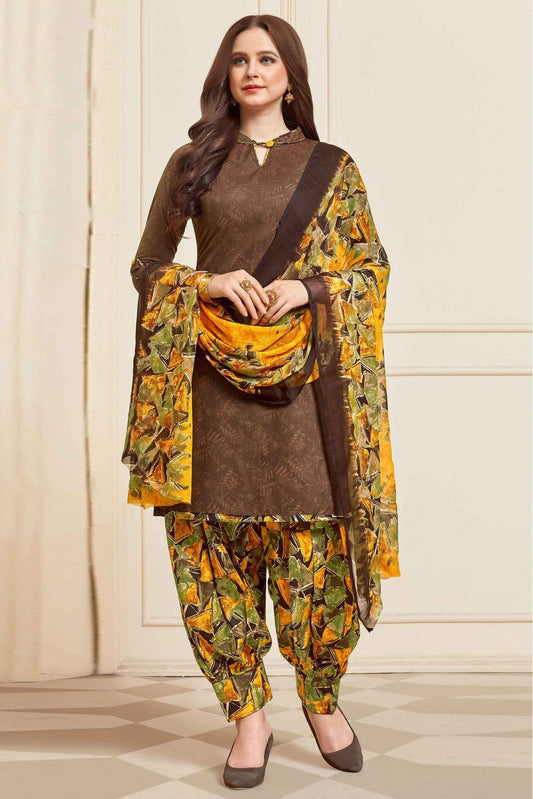Brown Colour Unstitched Cotton Printed Patiala Suit