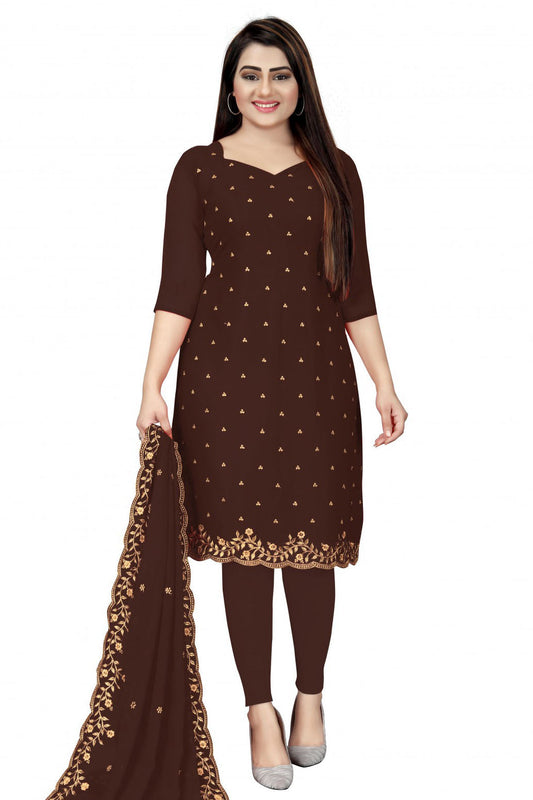 Brown Colour Unstitched Georgette Thread Work Churidar Suit