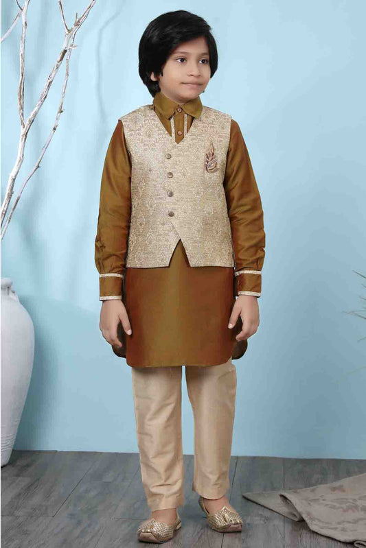 Brown and Beige Colour Cotton Silk Kurta Pajama With Jacket