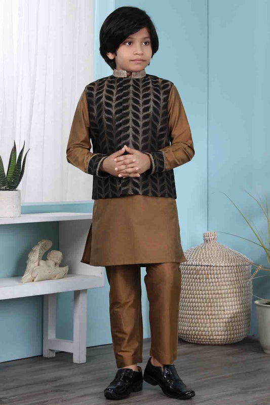 Brown and Black Colour Cotton Silk Kurta Pajama With Jacket