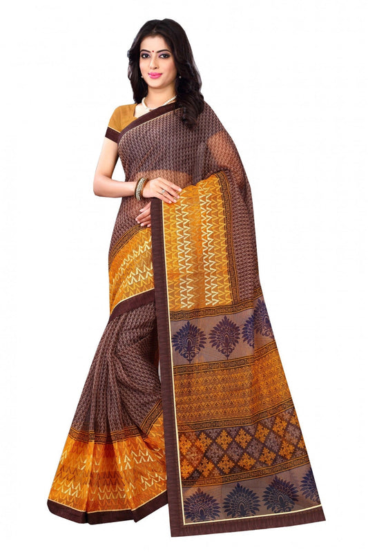 Brown and Mustard Colour Kota Silk Printed Saree