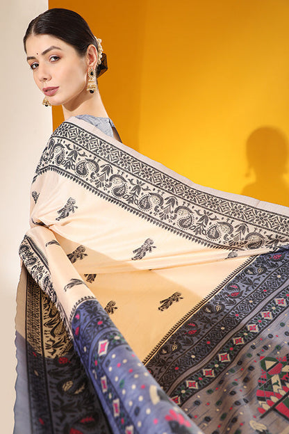 Cream Colour Handloom Raw Silk Traditional Saree