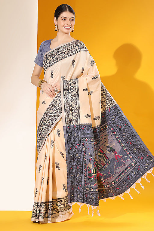Cream Colour Handloom Raw Silk Traditional Saree