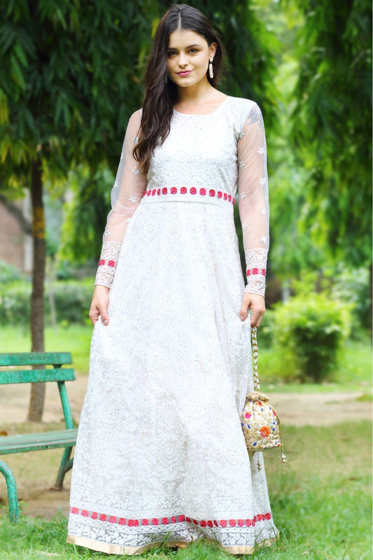 Cream Colour Net Embroidery Anarkali Suit
