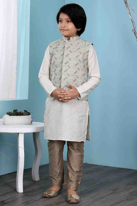Cream and Beige Colour Cotton Silk Kurta Pajama With Jacket