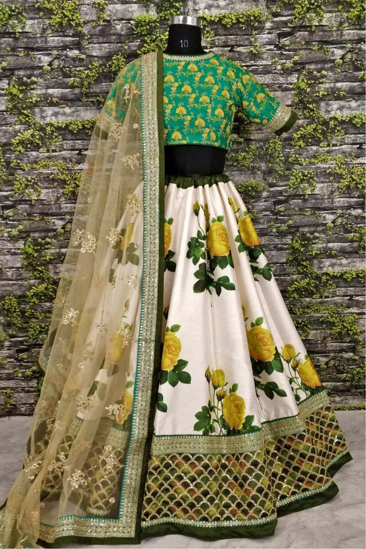 Cream and Green Colour Art Silk and Banglori Silk Lehenga Choli