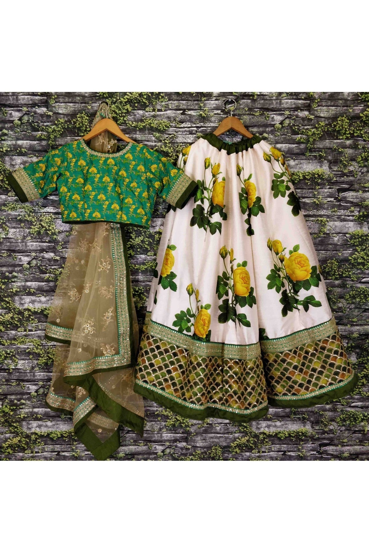 Cream and Green Colour Art Silk and Banglori Silk Lehenga Choli