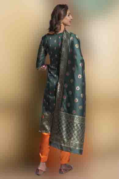 Dark Green Colour Banarasi Silk Unstitched Pant Style Suit