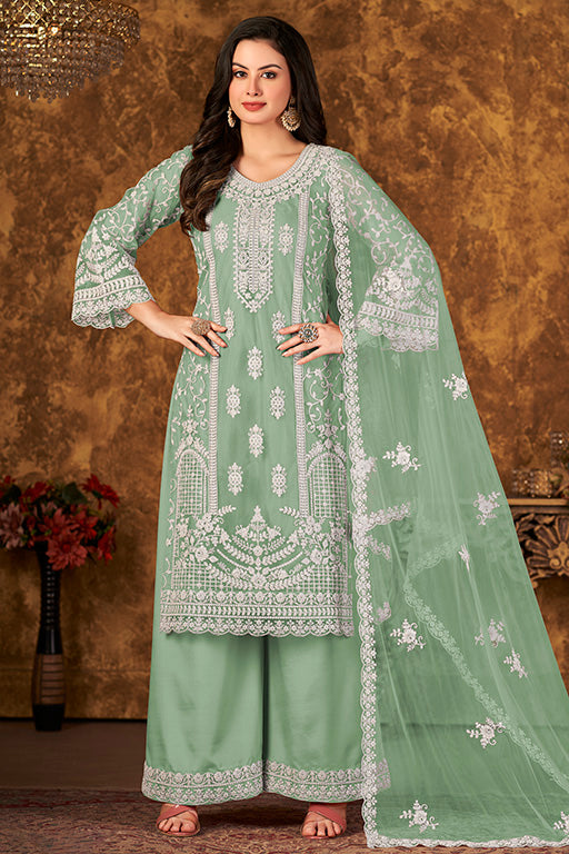 Dusty Green Colour Net Semi Stitched Palazzo Pant Suit