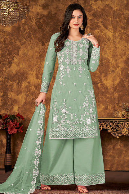 Dusty Green Colour Net Semi Stitched Palazzo Pant Suit