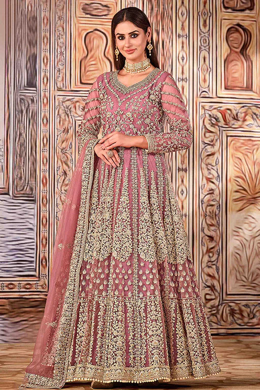 Dusty Pink Colour Net Semi Stitched Anarkali Suit