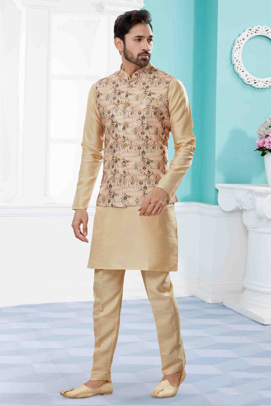 Gold and Cream Colour Kurta Pajama With Jacket In Silk Dupion Fabric