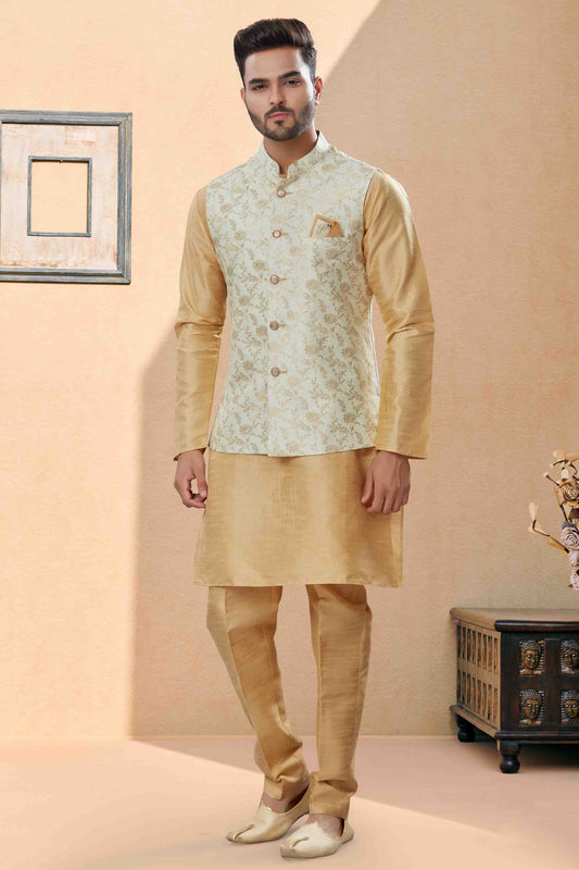Gold and Cream Colour Kurta Pajama With Jacket In Silk Dupion Fabric
