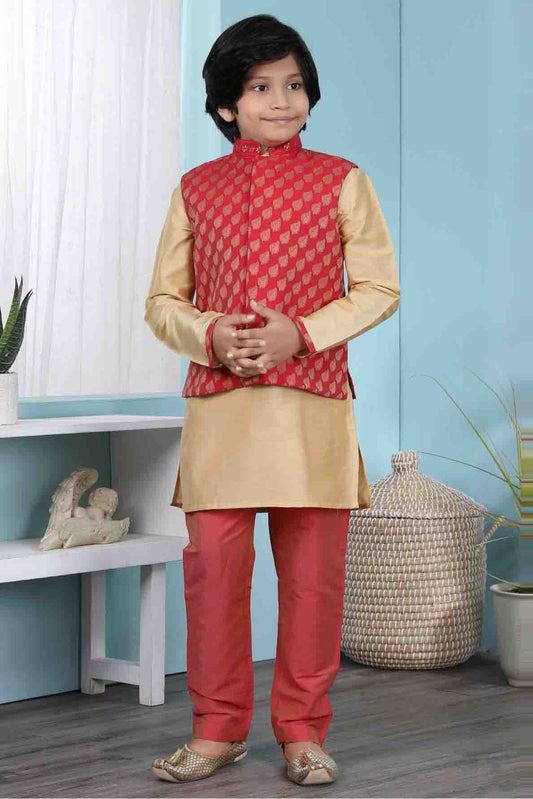 Gold and Red Colour Cotton Silk Kurta Pajama With Jacket