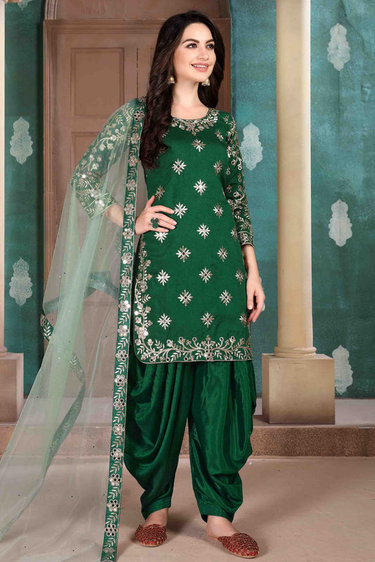 Green Colour Art Silk Semi Stitched Patiala Suit