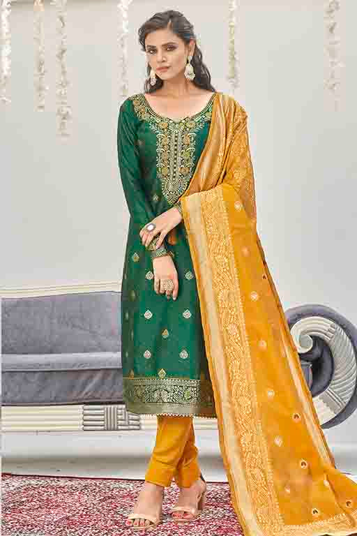Green Colour Banarasi Jacquard Unstitched Pant Style Suit
