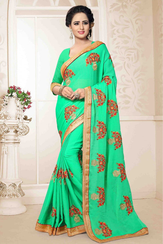 Green Colour Chiffon Embroidery Saree