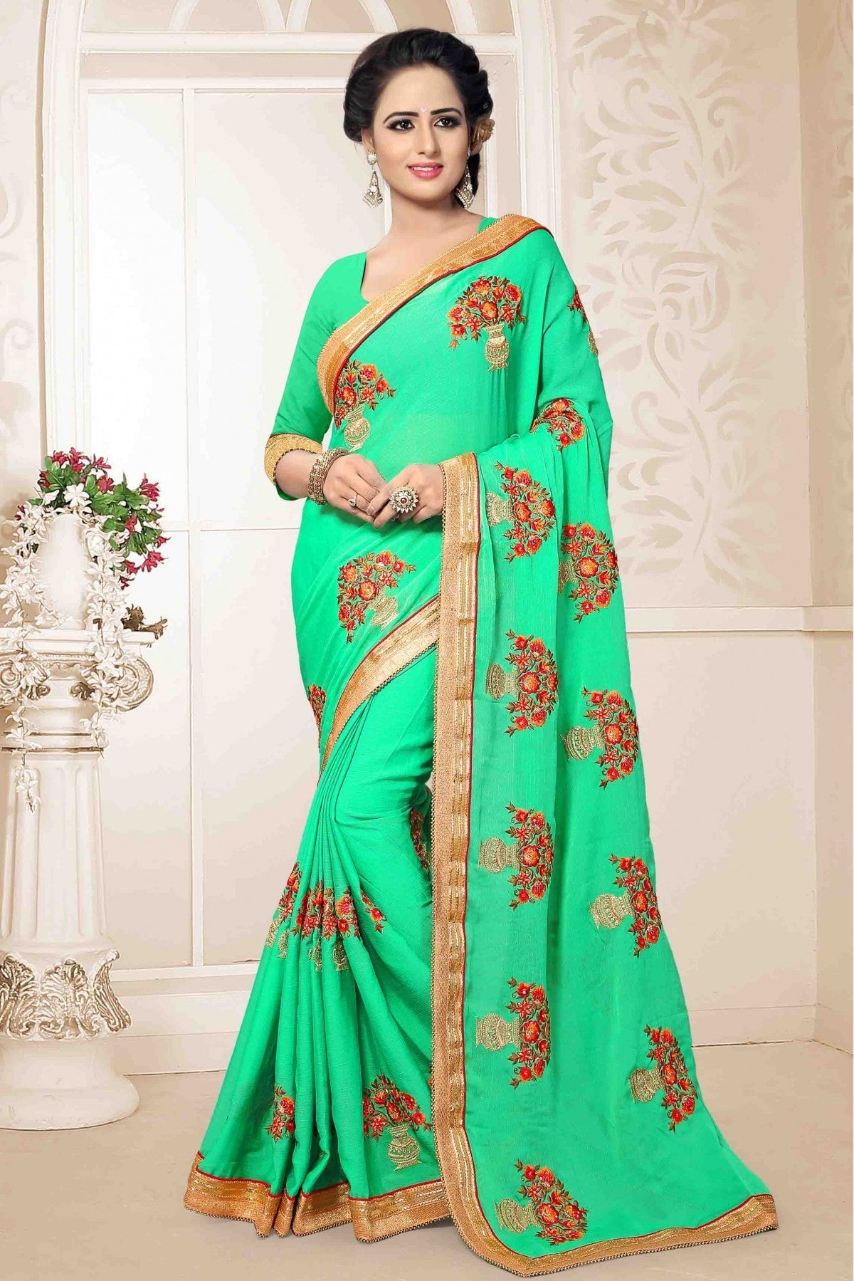 Green Colour Chiffon Embroidery Saree