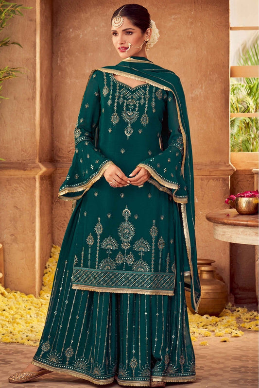 Green Colour Chiffon Embroidery Sharara Suit
