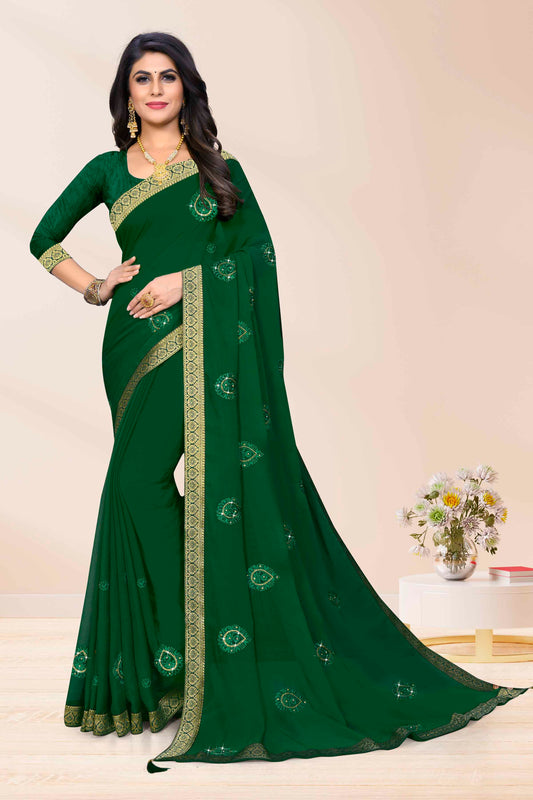 Green Colour Chiffon Saree In Stone Work and Lace Work