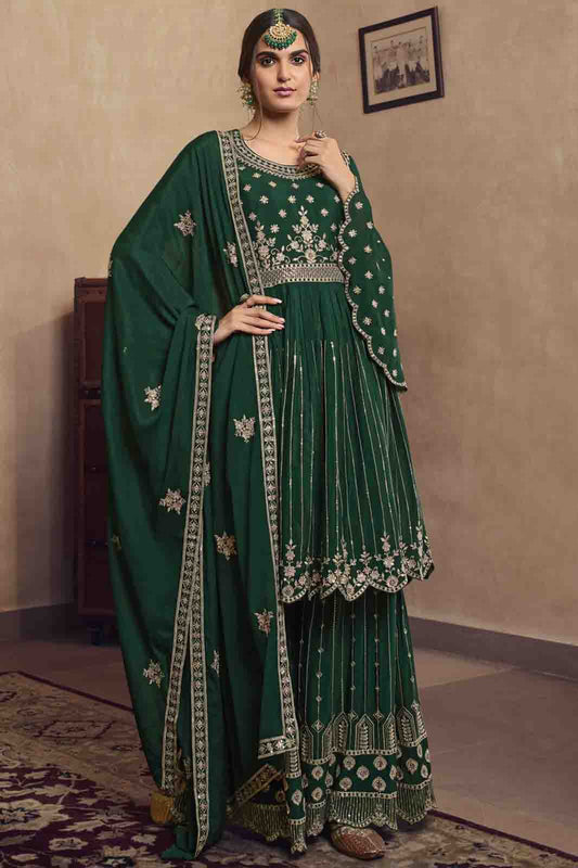 Green Colour Chinon Chiffon Embroidery Sharara Suit